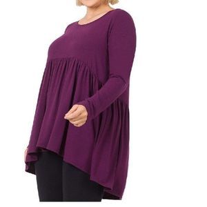 Zenana Plus Size Top Womens Long Sleeve Soft High Low Babydoll Dk Plum 1X 2X 3X